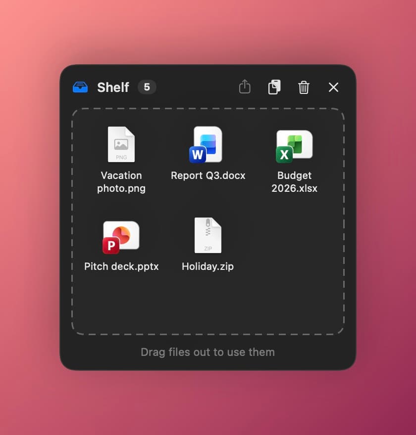 Shelf: collect files, drag them out later